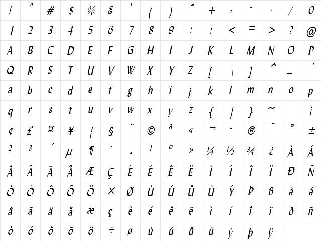 Lynda-Condensed Italic  glyph index