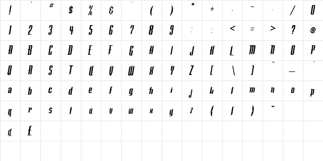 Lekvar Oblique  glyph index