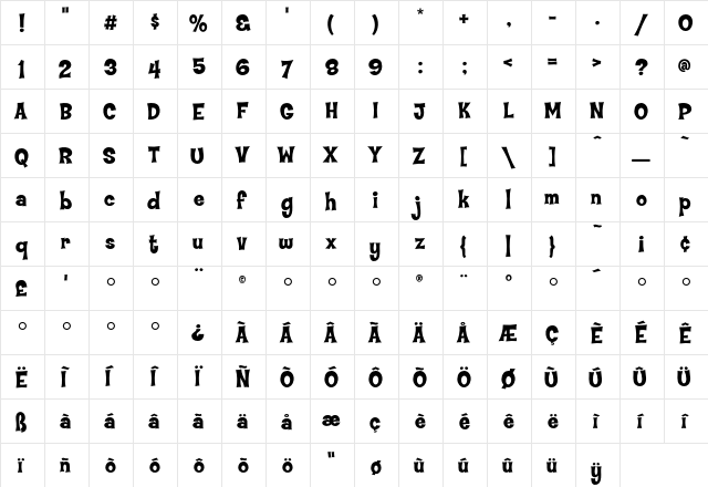 CoopFlaired Regular  glyph index