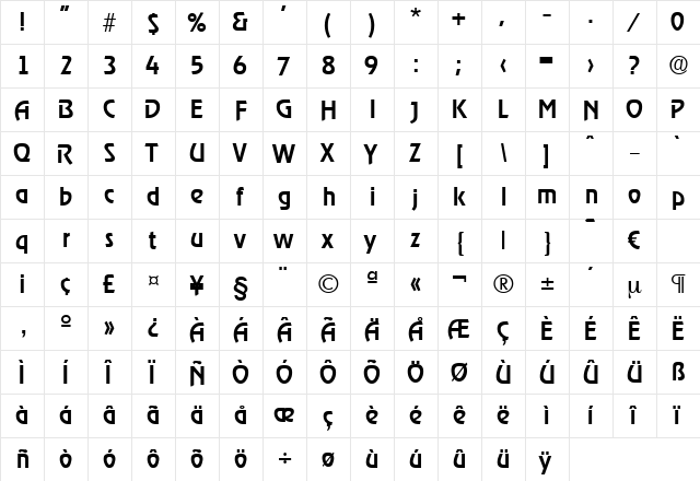 Ragtime-Medium Regular  glyph index