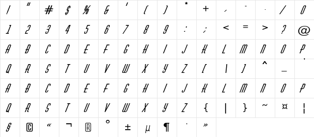 a_Huxley BoldItalic  glyph index