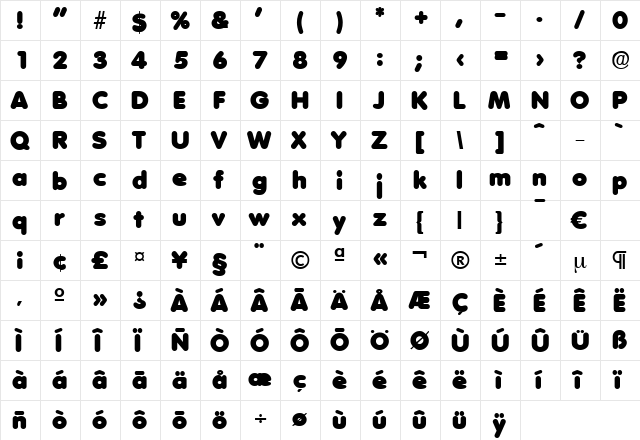 Volkswagen-Heavy Regular  glyph index