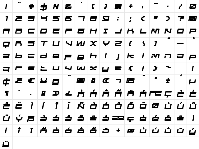 MechwarBold Oblique Regular  glyph index