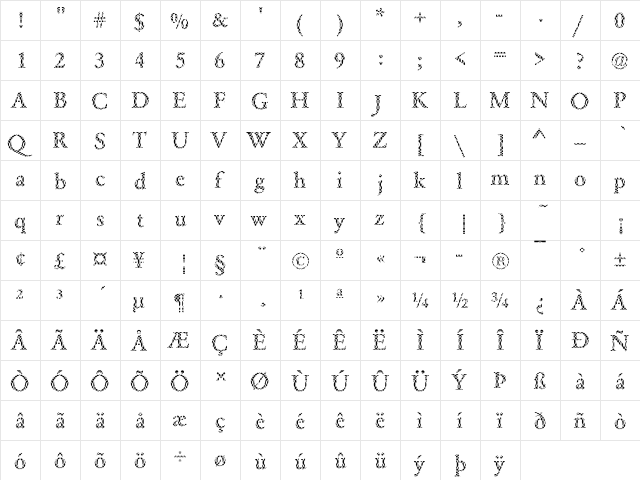 DTCGaramondM36 Regular  glyph index