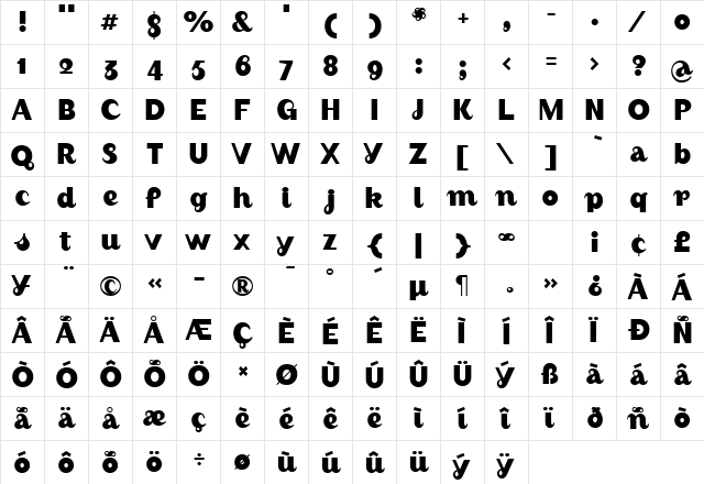 AugustBold Regular  glyph index