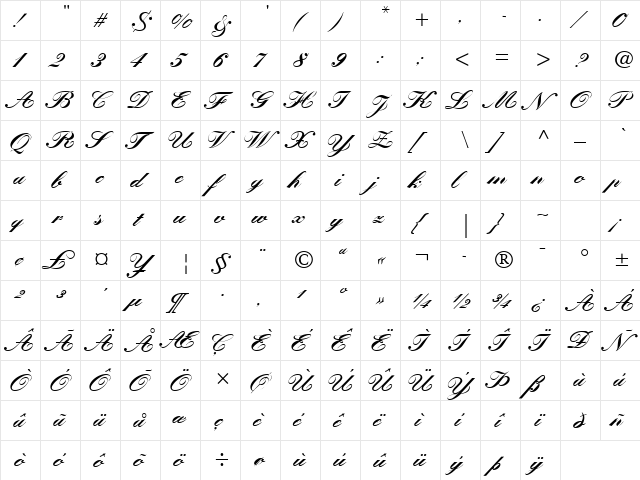 Kuenstler Script LT Std Medium Bold  glyph index