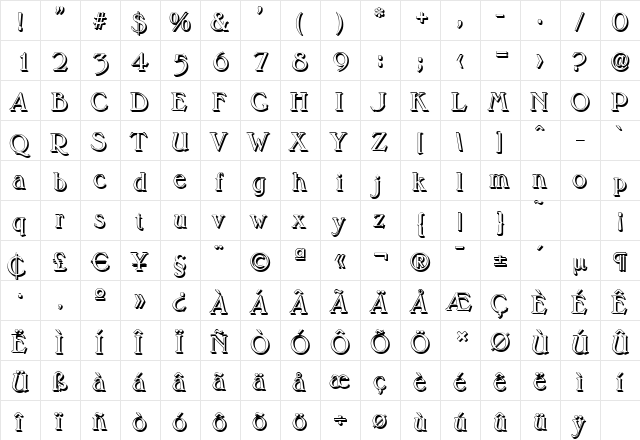 MelbourneShadow Regular  glyph index