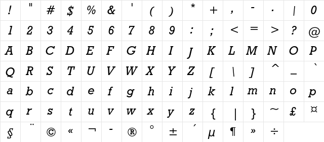 GeoSlb712MediumC BT Italic  glyph index