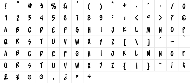 Toonacious BB Regular  glyph index
