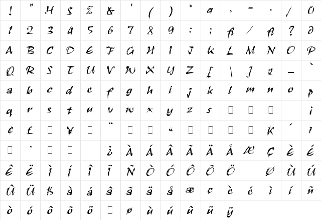 Black Ink Regular  glyph index