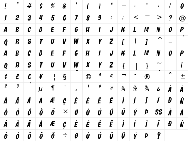 Java Kick BTN Cond Oblique  glyph index