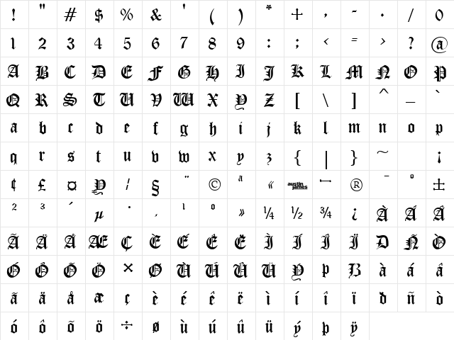 Old English Gothic Regular  glyph index