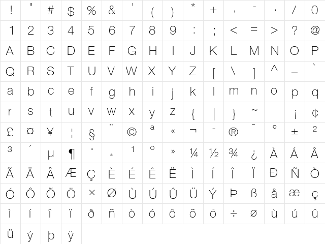 Helvetica Neue LT Std 35 Thin  glyph index