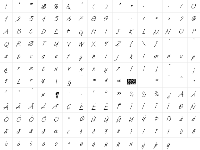 SassyScript Regular  glyph index