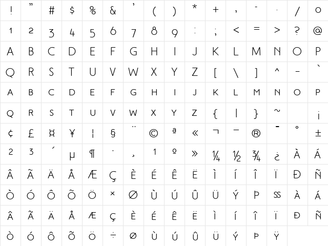 Malvern SC Regular  glyph index