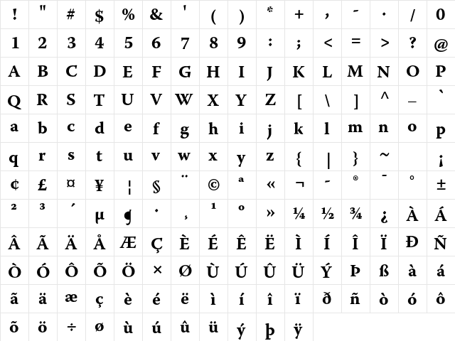 Warnock Pro Bold Caption  glyph index