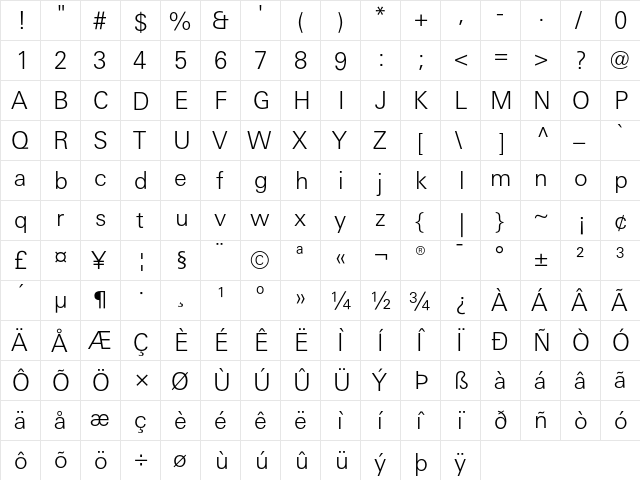 LinotypeUnivers BasicLight  glyph index