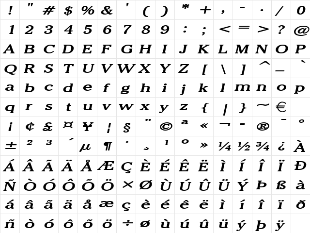 ChelseyExtended BoldItalic  glyph index