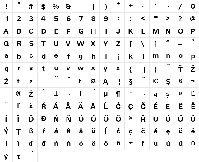 UnitusTEE Bold  glyph index