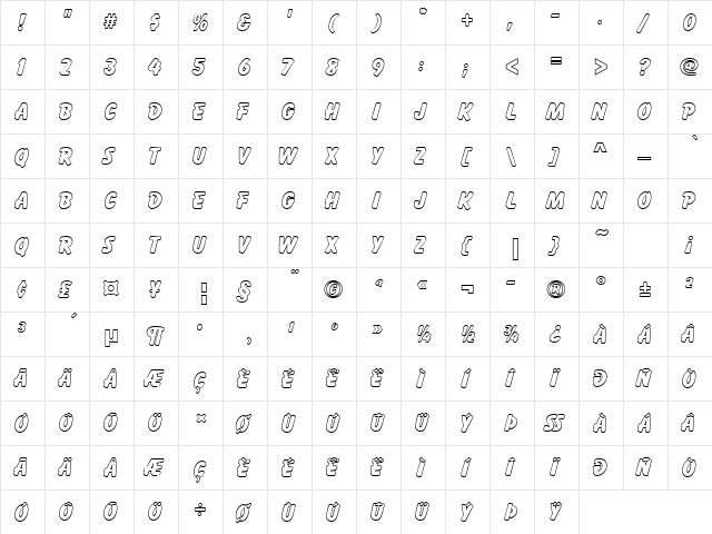 BalloonOutPExtBol Regular  glyph index