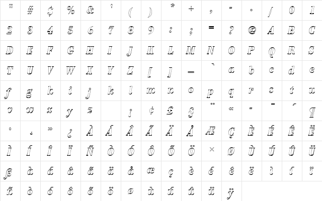 BodoniAntTBolConItaOu1 Regular  glyph index
