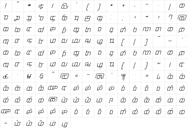 Jakone Italic  glyph index