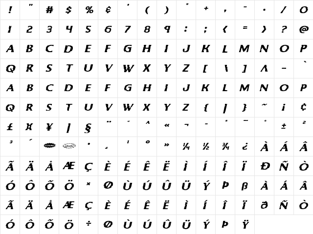 Body Swipers Expanded Italic Expanded Italic  glyph index