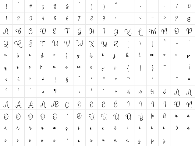 Bright Star Dafont Regular  glyph index