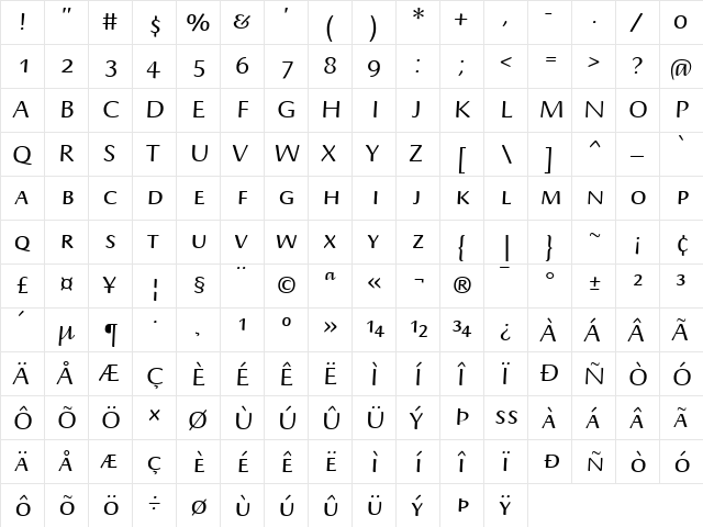 Briem Script Regular  glyph index