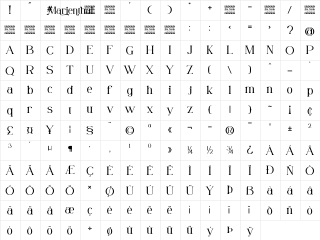 Marienthal Personal Use Regular  glyph index
