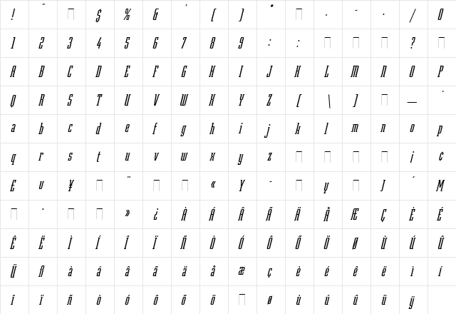 Robotik Italic Regular  glyph index