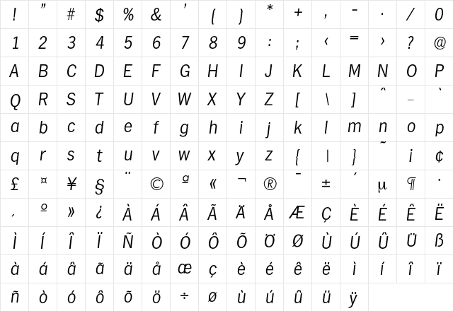 Hamburg-LightIta Regular  glyph index