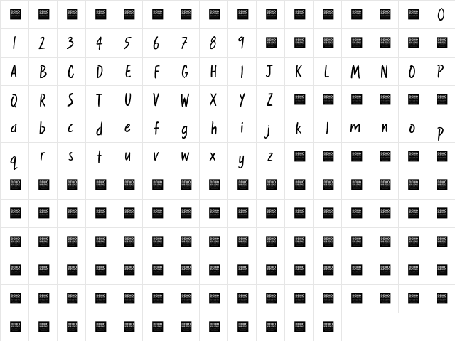 Sweet Nothings - Demo Regular  glyph index