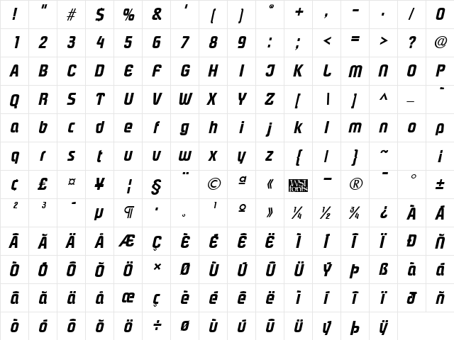 PloverExtrabold Italic  glyph index