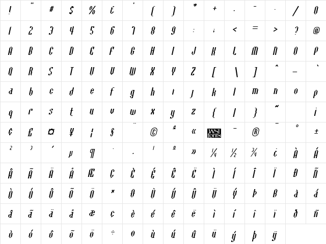 BaccusBevel Italic  glyph index