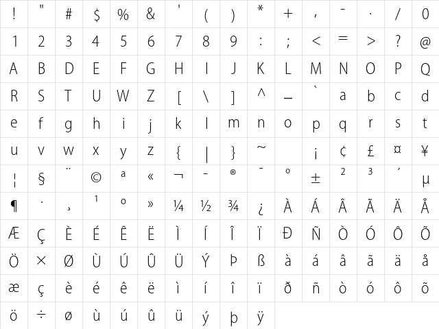 Myriad Pro Light SemiCondensed  glyph index