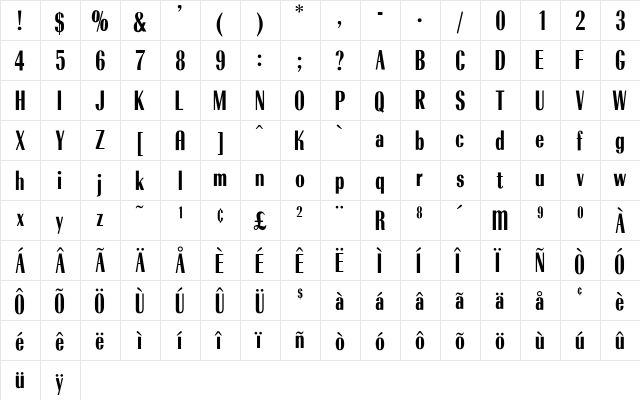 OPTIRadiantBold-Condensed Regular  glyph index