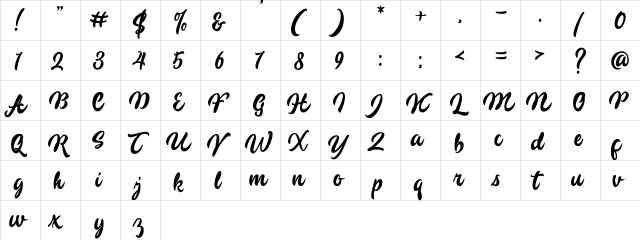 Tristan Script Regular  glyph index