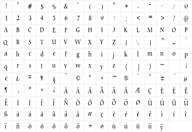 Carmine Condensed Normal  glyph index