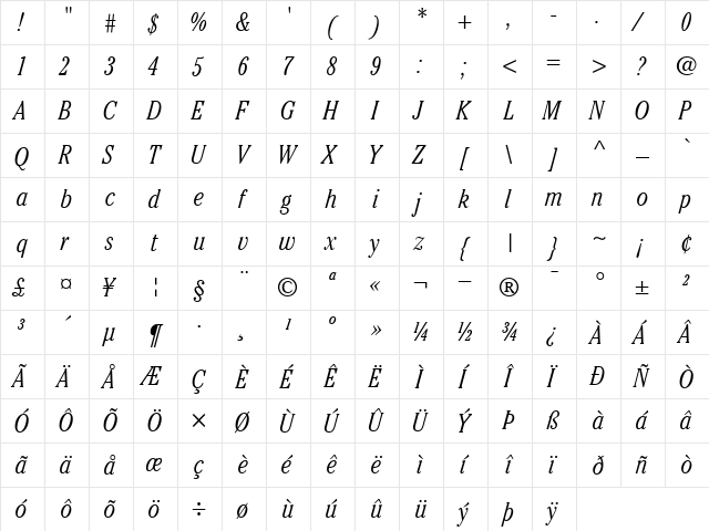 ITCCheltenham-CondensedLight LightItalic  glyph index