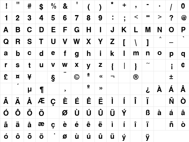 Seas Regular  glyph index