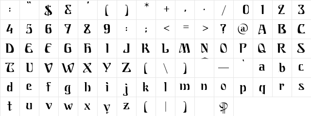 Ariosto Regular  glyph index