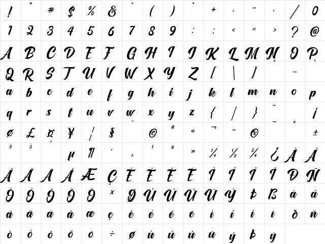 Onetime Script Regular  glyph index