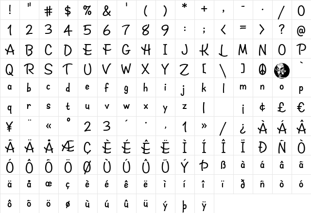 Humdinger Regular  glyph index