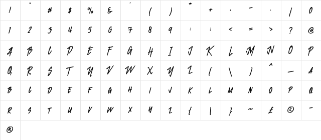 Jacklyen Regular  glyph index