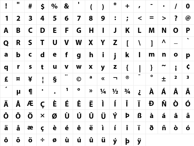 Myriad Bold  glyph index