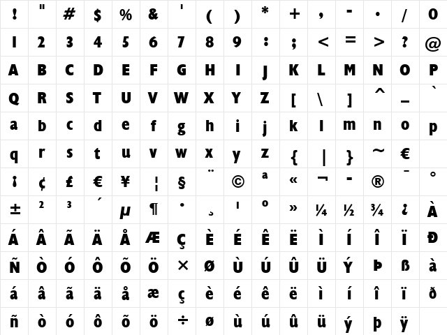 Humanst521 XBdCn BT Extra Bold  glyph index