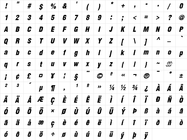 Context Black Condensed SSi Black Condensed Italic  glyph index