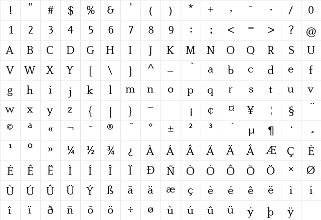 Diverda Serif Com Light  glyph index