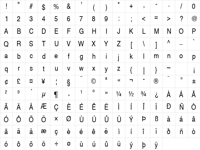 Helvetica Narrow S Regular  glyph index